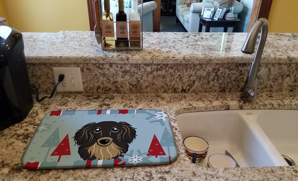 Winter Holiday Longhair Black and Tan Dachshund Dish Drying Mat Absorbent Dish Drying Mat Pad for Kitchen Counter Dish Drainer Mat for Countertop, 14 x 21", Multicolor