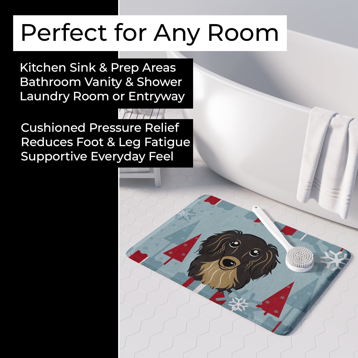 Winter Holiday Longhair Black and Tan Dachshund Memory Foam Kitchen Mat Machine Washable Anti-Fatigue Cushion Comfort Bath or Kitchen Rug