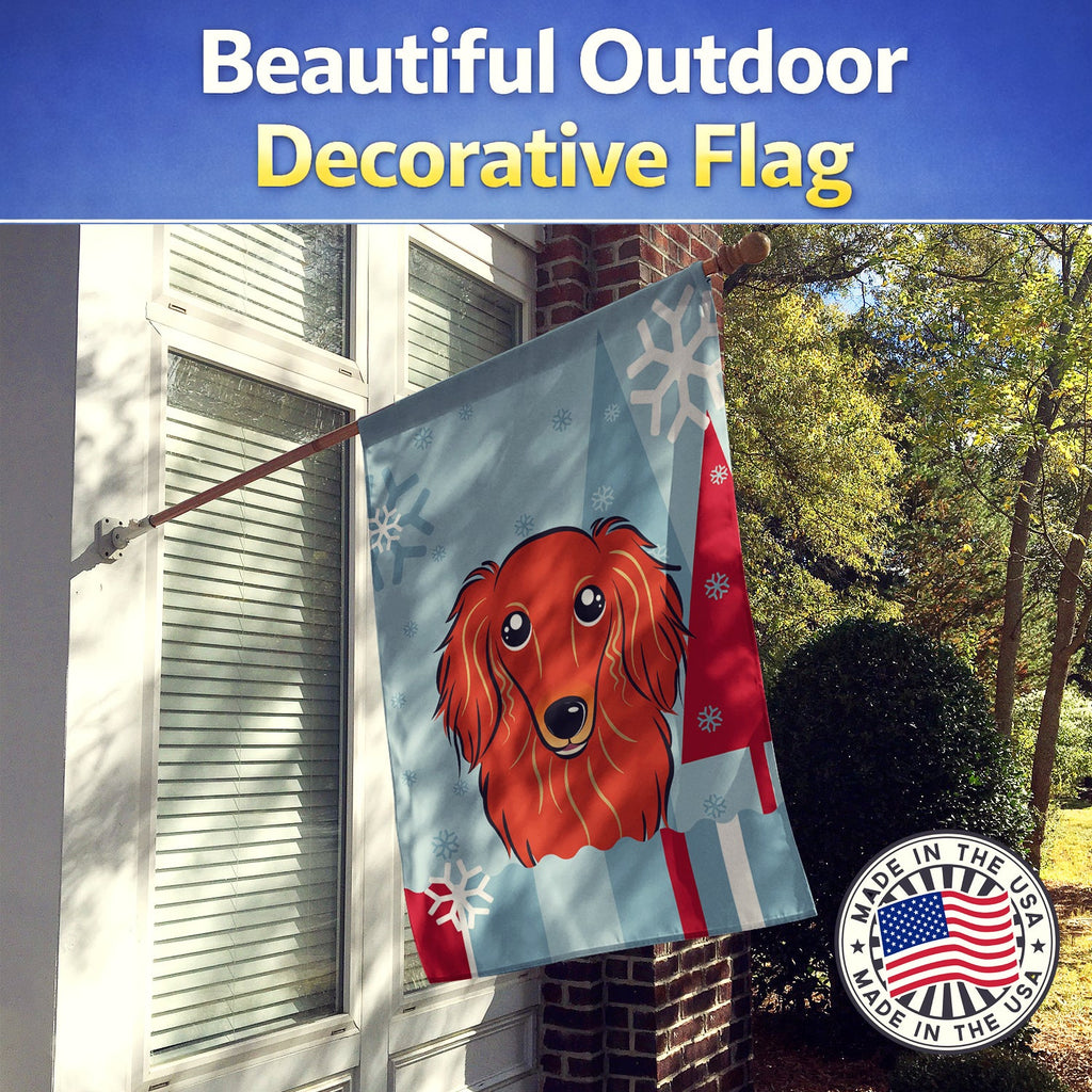 Winter Holiday Longhair Red Dachshund House Flag 28x40 Porch Sleeve Pole Decorative Outside Yard Banner Artwork Wall Hanging, Polyester