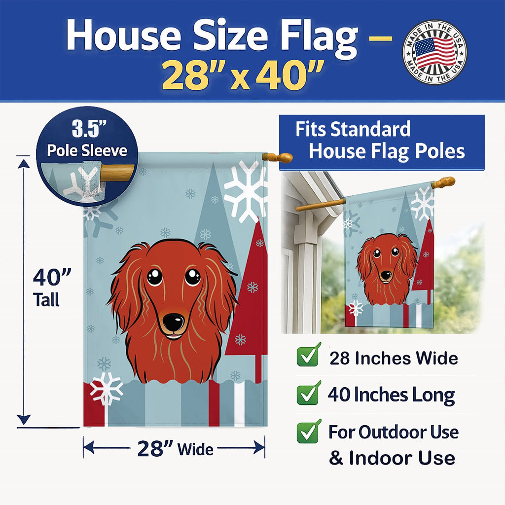 Winter Holiday Longhair Red Dachshund House Flag 28x40 Porch Sleeve Pole Decorative Outside Yard Banner Artwork Wall Hanging, Polyester