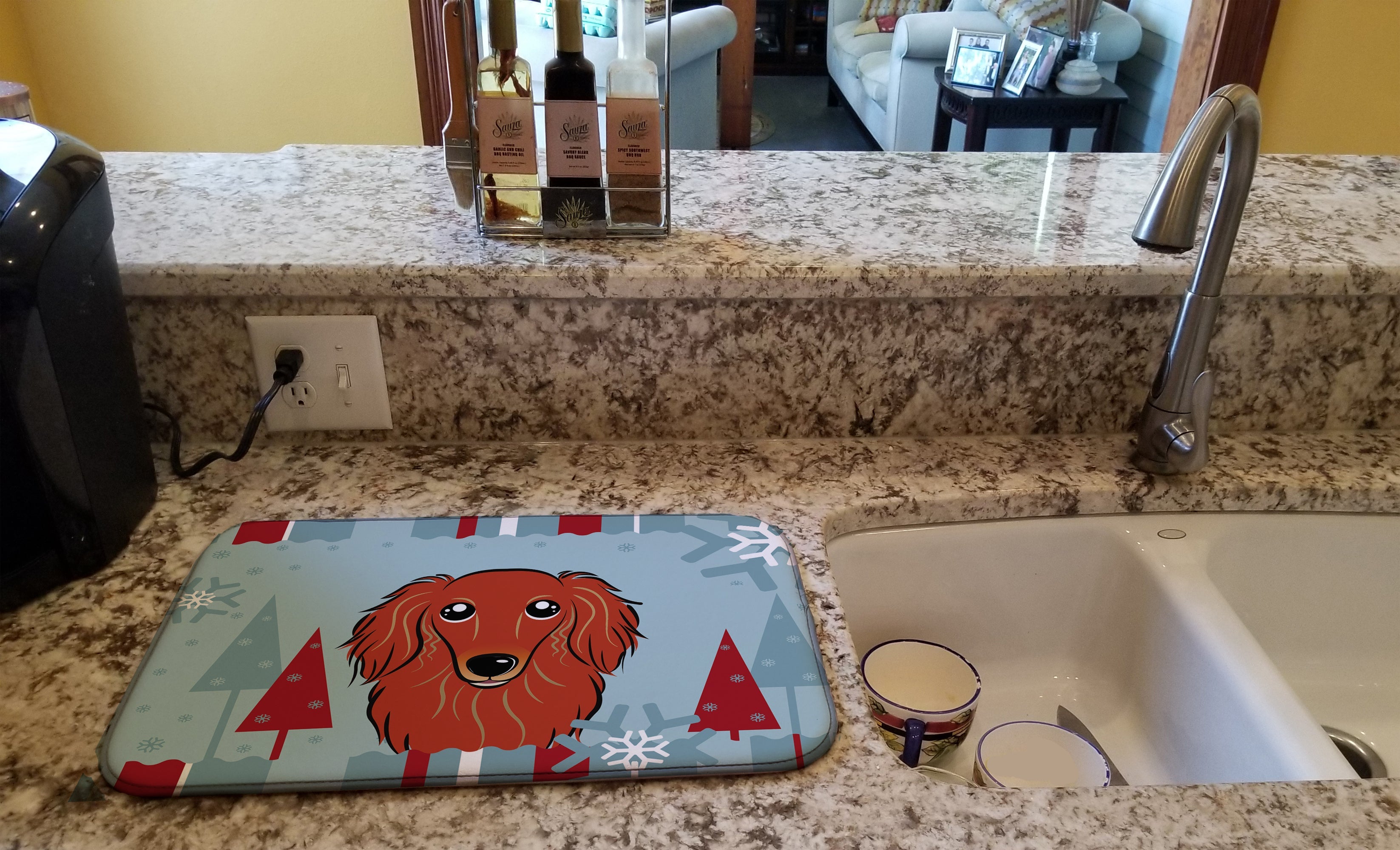 Winter Holiday Longhair Red Dachshund Dish Drying Mat Absorbent Dish Drying Mat Pad for Kitchen Counter Dish Drainer Mat for Countertop, 14 x 21", Multicolor