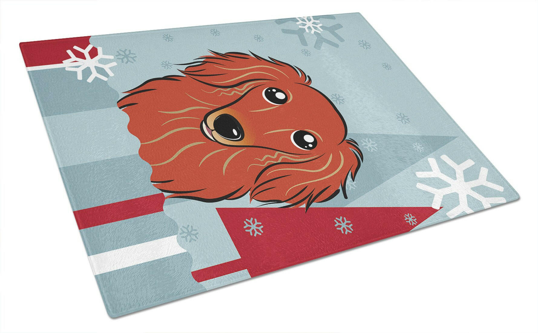 Winter Holiday Longhair Red Dachshund Cutting Board Tempered Glass Kitchen Cutting Surface, Heat Resistant Chopping, Non-Slip Feet, Food Prep & Serving