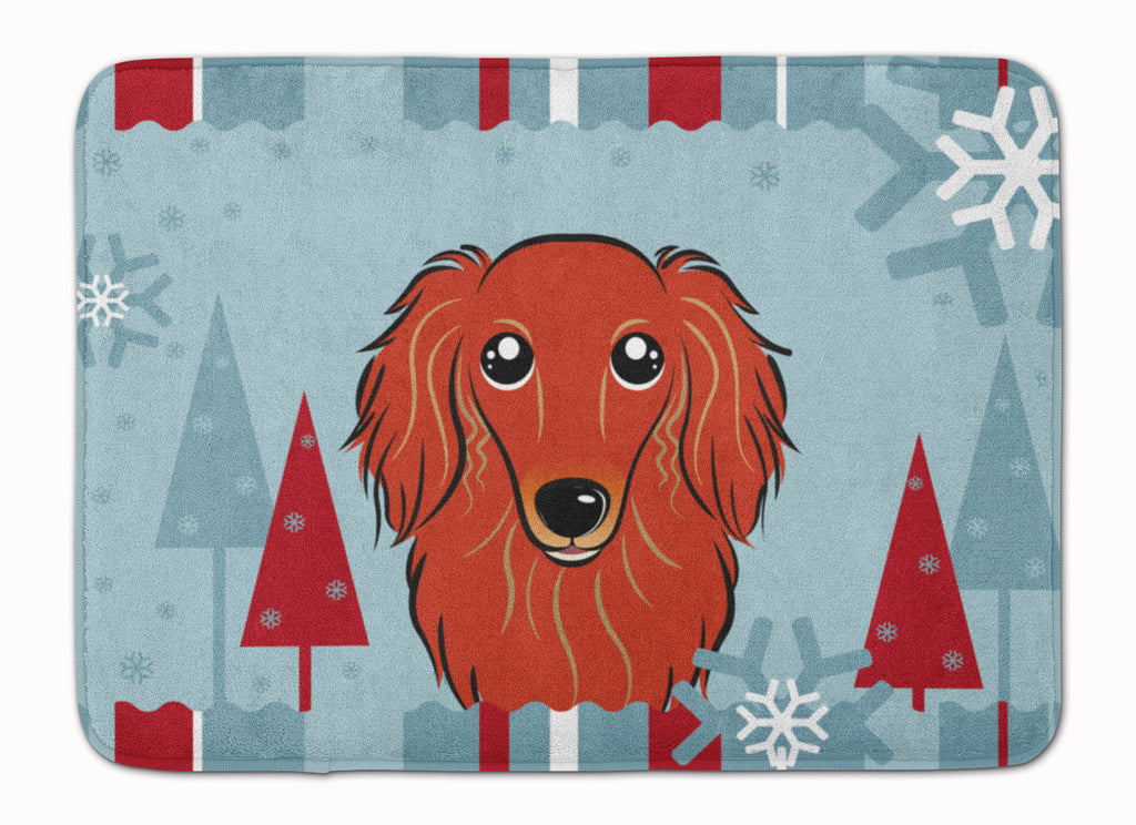 Winter Holiday Longhair Red Dachshund Memory Foam Kitchen Mat Machine Washable Anti-Fatigue Cushion Comfort Bath or Kitchen Rug