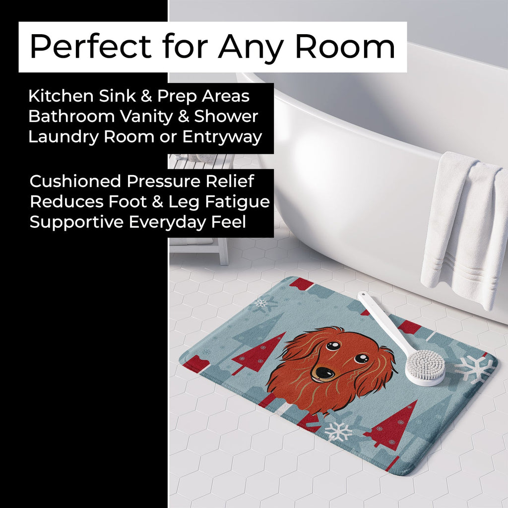 Winter Holiday Longhair Red Dachshund Memory Foam Kitchen Mat Machine Washable Anti-Fatigue Cushion Comfort Bath or Kitchen Rug