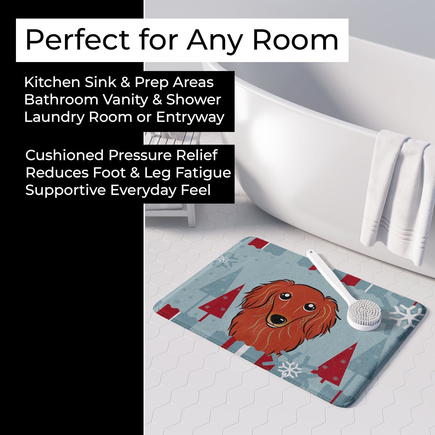 Winter Holiday Longhair Red Dachshund Memory Foam Kitchen Mat Machine Washable Anti-Fatigue Cushion Comfort Bath or Kitchen Rug