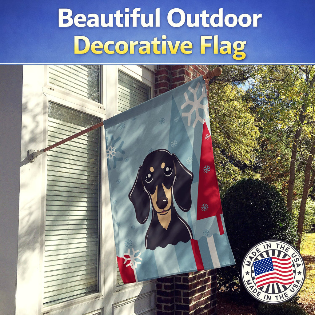 Winter Holiday Smooth Black and Tan Dachshund House Flag 28x40 Porch Sleeve Pole Decorative Outside Yard Banner Artwork Wall Hanging, Polyester
