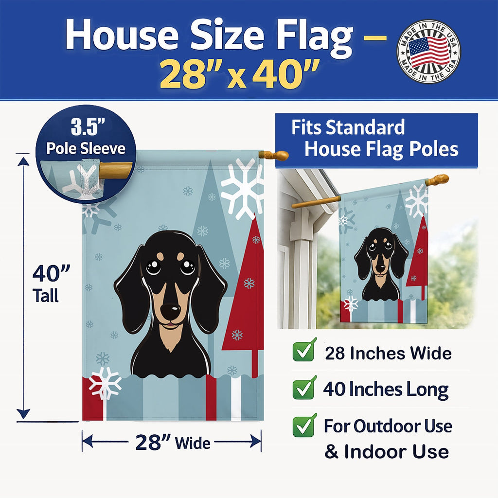 Winter Holiday Smooth Black and Tan Dachshund House Flag 28x40 Porch Sleeve Pole Decorative Outside Yard Banner Artwork Wall Hanging, Polyester
