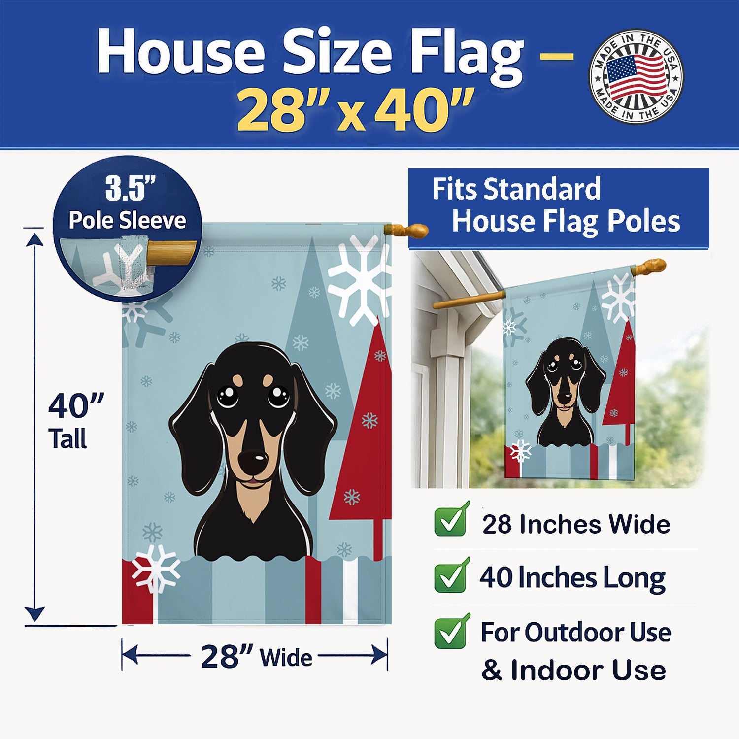 Winter Holiday Smooth Black and Tan Dachshund House Flag 28x40 Porch Sleeve Pole Decorative Outside Yard Banner Artwork Wall Hanging, Polyester