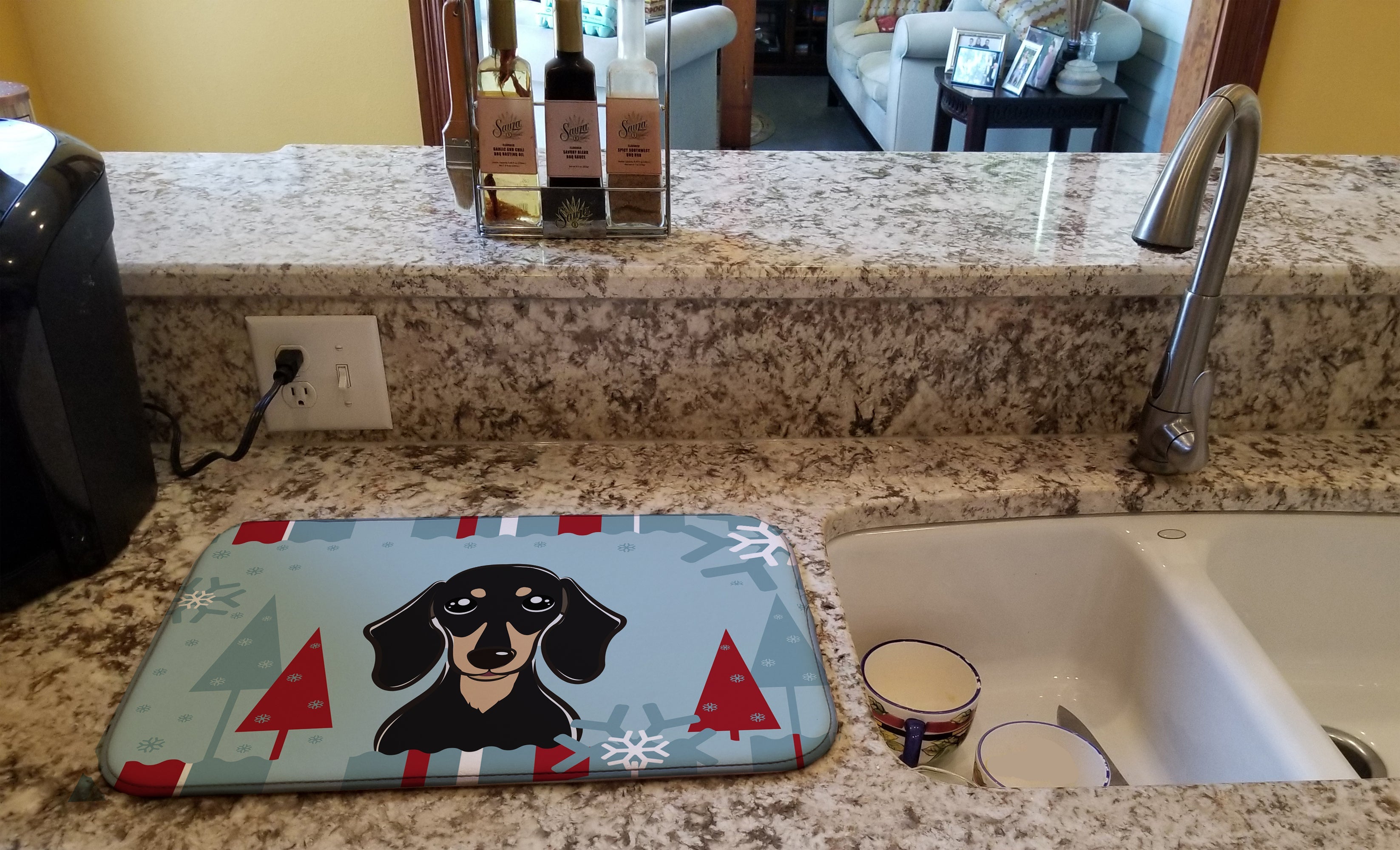 Winter Holiday Smooth Black and Tan Dachshund Dish Drying Mat Absorbent Dish Drying Mat Pad for Kitchen Counter Dish Drainer Mat for Countertop, 14 x 21", Multicolor