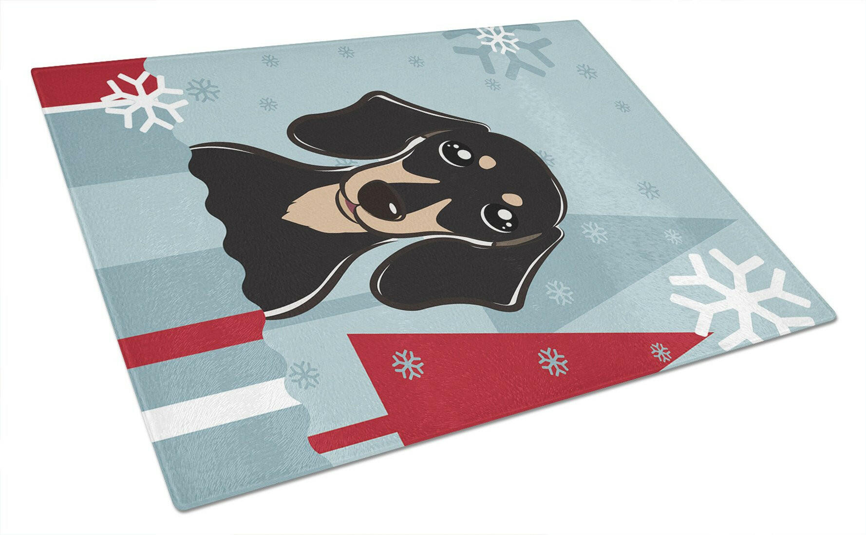 Winter Holiday Smooth Black and Tan Dachshund Cutting Board Tempered Glass Kitchen Cutting Surface, Heat Resistant Chopping, Non-Slip Feet, Food Prep & Serving