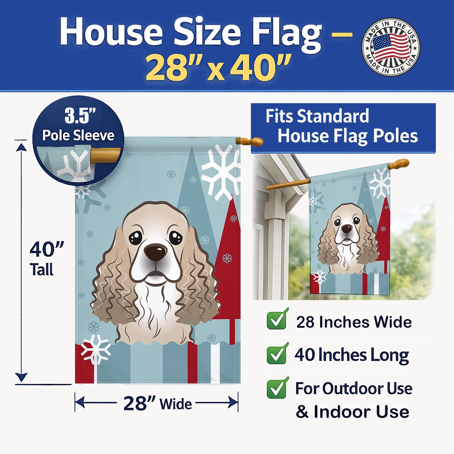 Winter Holiday Cocker Spaniel House Flag 28x40 Porch Sleeve Pole Decorative Outside Yard Banner Artwork Wall Hanging, Polyester