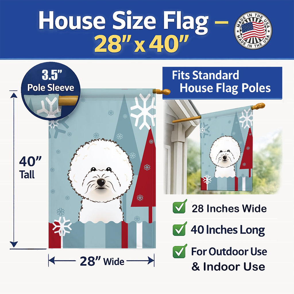 Winter Holiday Bichon Frise House Flag 28x40 Porch Sleeve Pole Decorative Outside Yard Banner Artwork Wall Hanging, Polyester