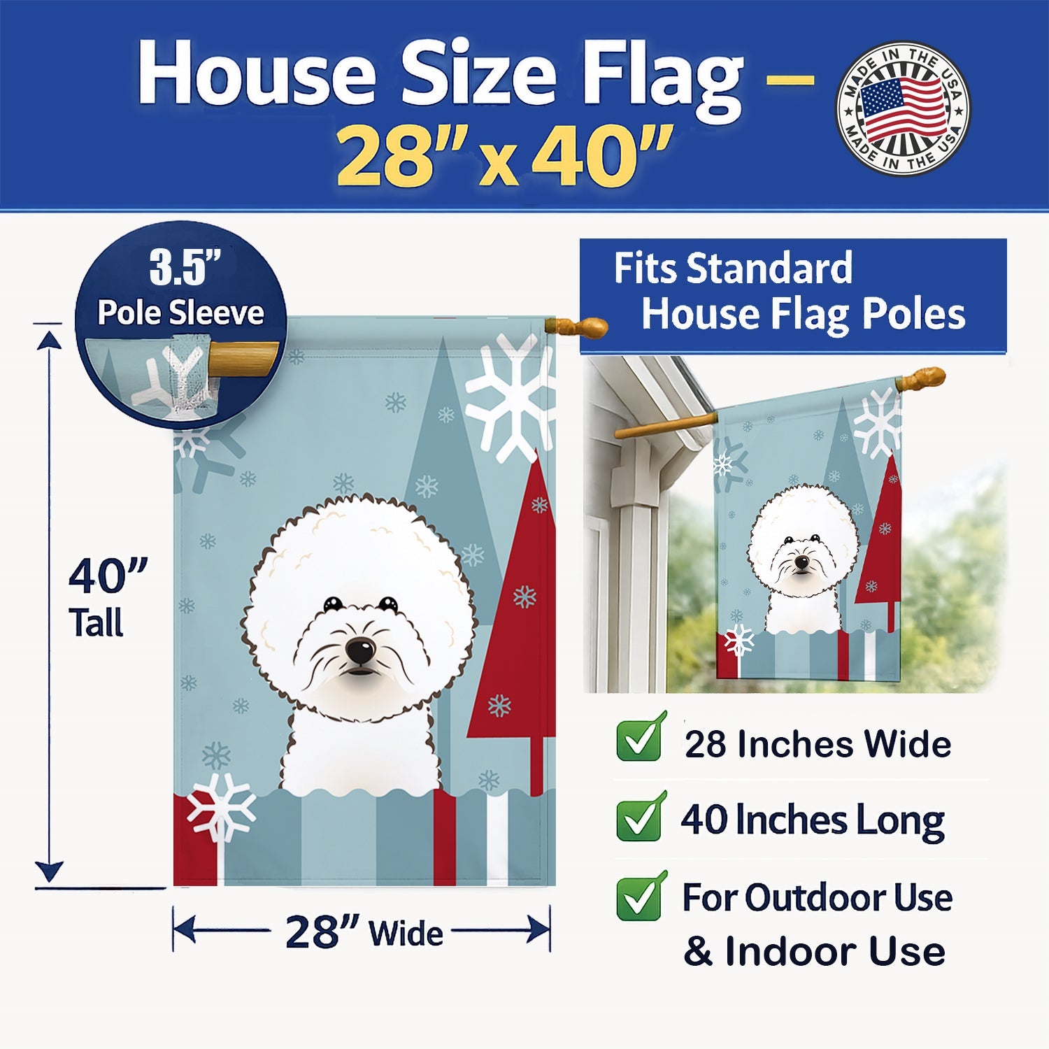 Winter Holiday Bichon Frise House Flag 28x40 Porch Sleeve Pole Decorative Outside Yard Banner Artwork Wall Hanging, Polyester