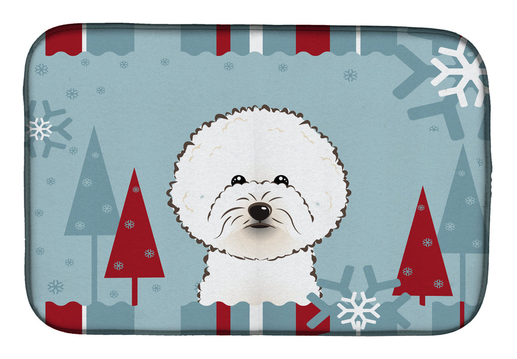 Winter Holiday Bichon Frise Dish Drying Mat Absorbent Dish Drying Mat Pad for Kitchen Counter Dish Drainer Mat for Countertop, 14 x 21", Multicolor