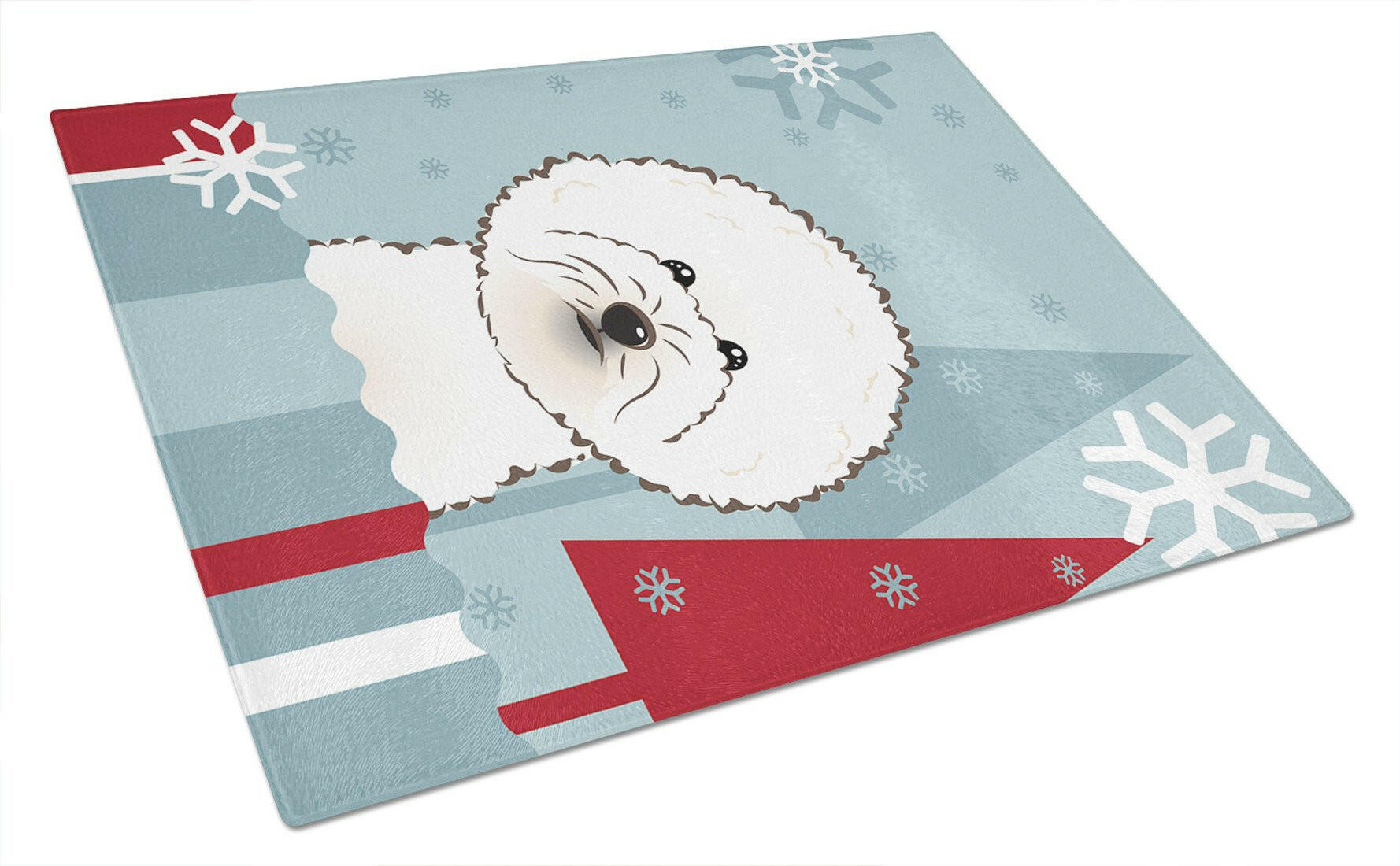 Winter Holiday Bichon Frise Cutting Board Tempered Glass Kitchen Cutting Surface, Heat Resistant Chopping, Non-Slip Feet, Food Prep & Serving