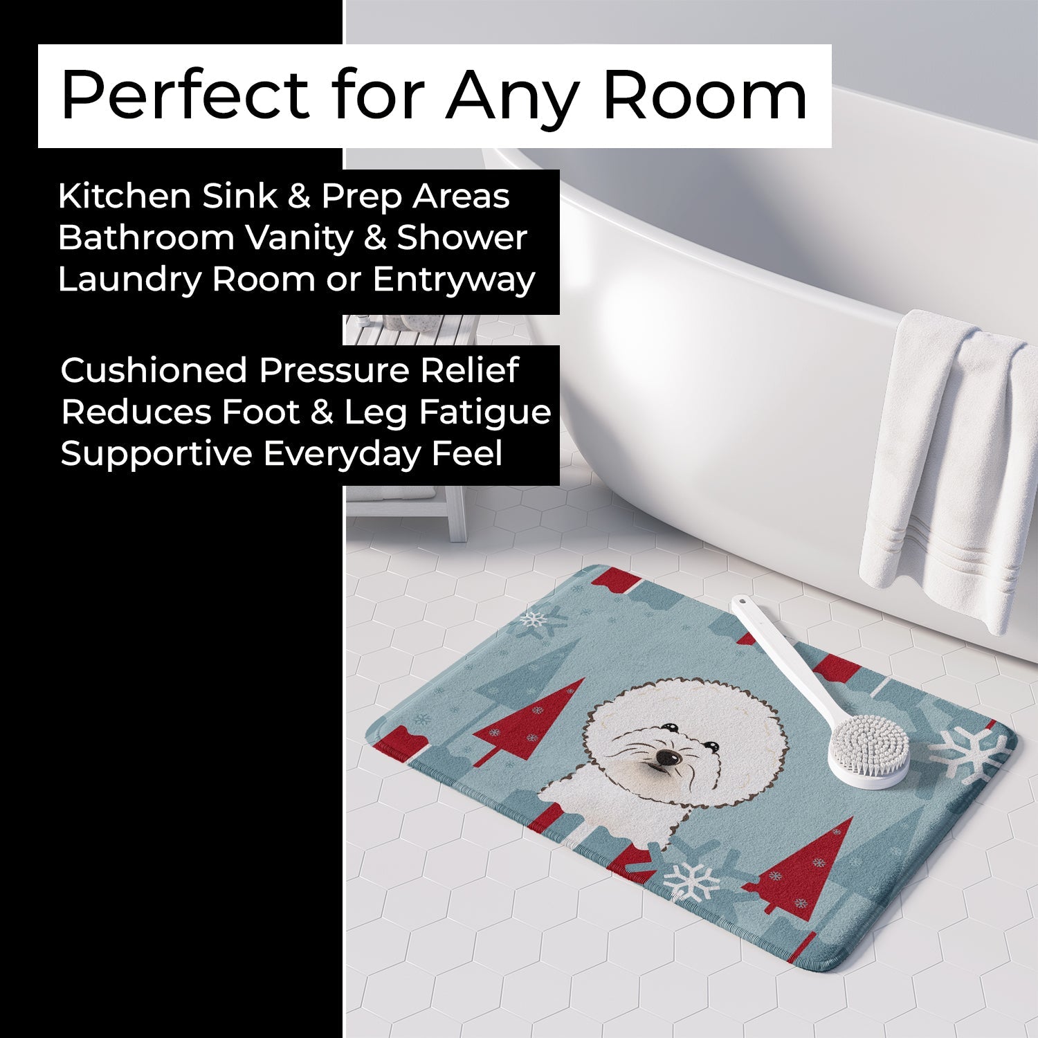 Winter Holiday Bichon Frise Memory Foam Kitchen Mat Machine Washable Anti-Fatigue Cushion Comfort Bath or Kitchen Rug