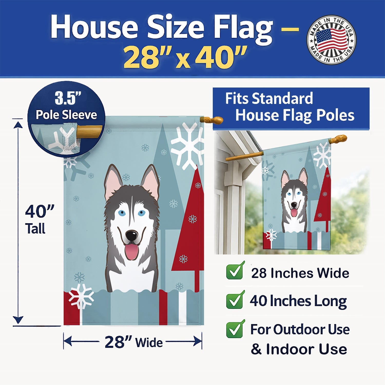 Winter Holiday Alaskan Malamute House Flag 28x40 Porch Sleeve Pole Decorative Outside Yard Banner Artwork Wall Hanging, Polyester