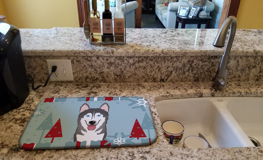 Winter Holiday Alaskan Malamute Dish Drying Mat Absorbent Dish Drying Mat Pad for Kitchen Counter Dish Drainer Mat for Countertop, 14 x 21", Multicolor