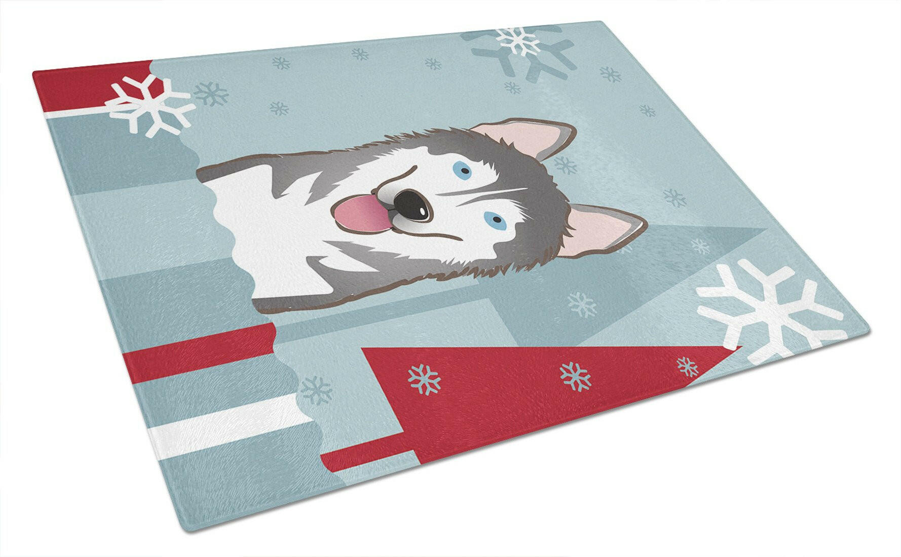 Winter Holiday Alaskan Malamute Cutting Board Tempered Glass Kitchen Cutting Surface, Heat Resistant Chopping, Non-Slip Feet, Food Prep & Serving