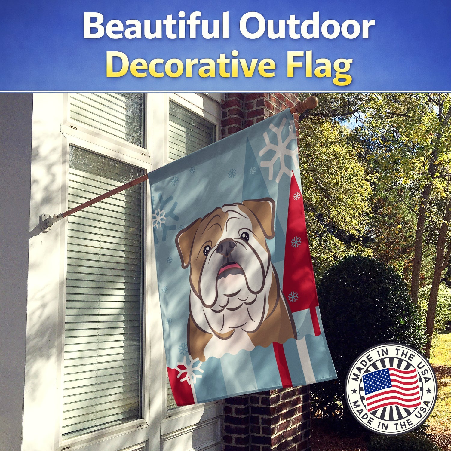 Winter Holiday English Bulldog  House Flag 28x40 Porch Sleeve Pole Decorative Outside Yard Banner Artwork Wall Hanging, Polyester