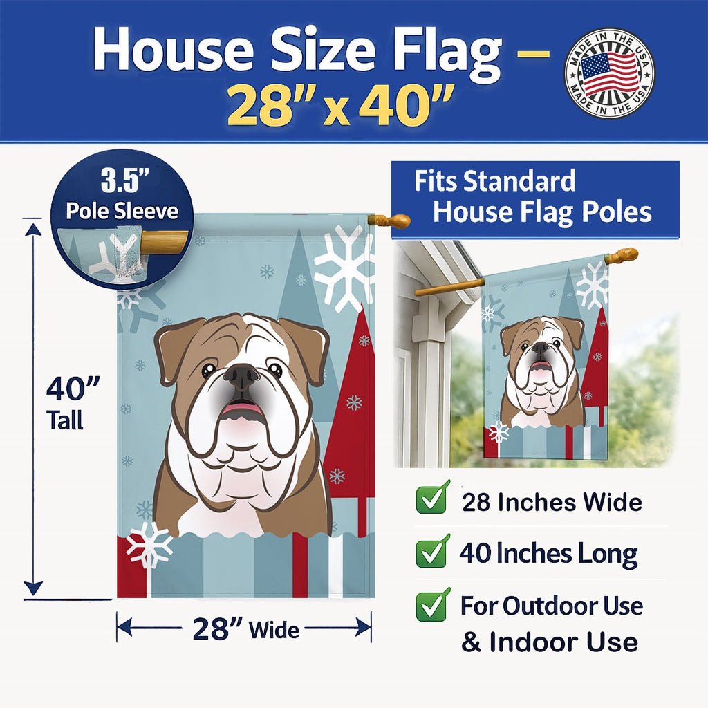 Winter Holiday English Bulldog  House Flag 28x40 Porch Sleeve Pole Decorative Outside Yard Banner Artwork Wall Hanging, Polyester