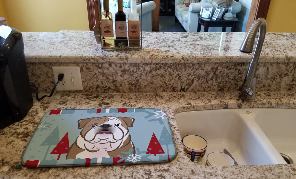 Winter Holiday English Bulldog  Dish Drying Mat Absorbent Dish Drying Mat Pad for Kitchen Counter Dish Drainer Mat for Countertop, 14 x 21", Multicolor