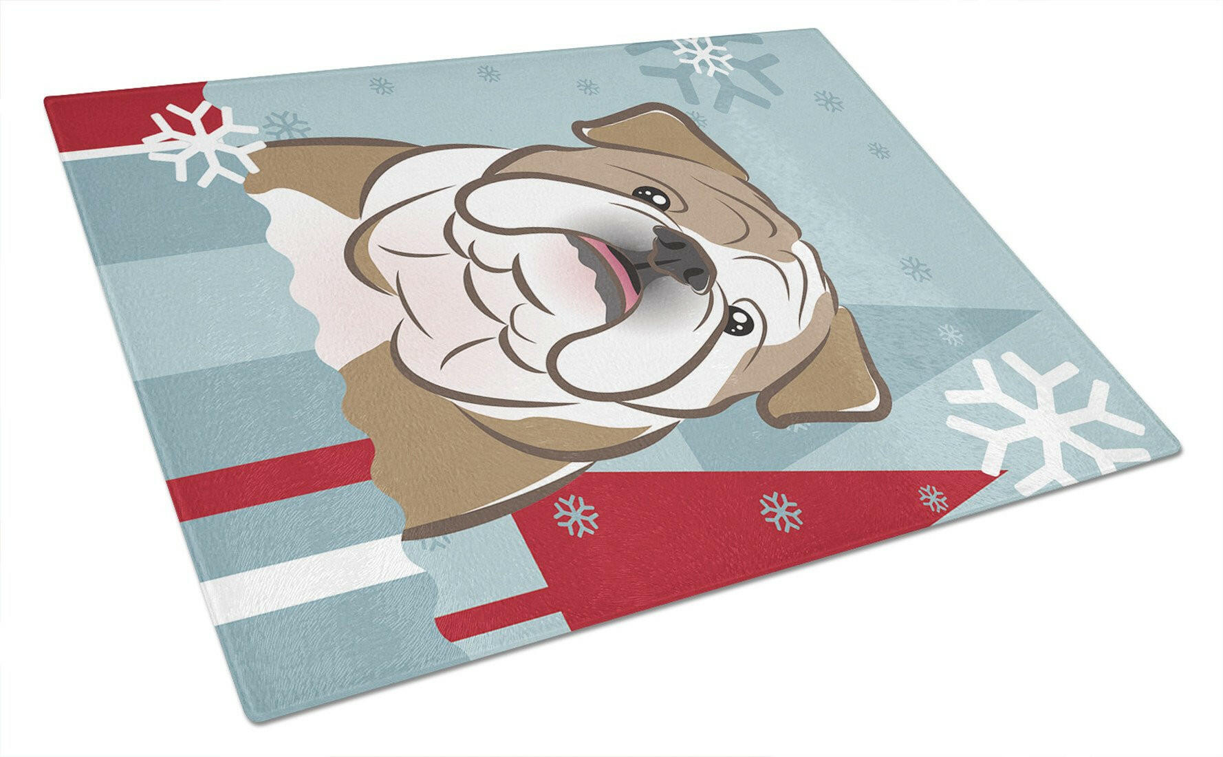 Winter Holiday English Bulldog  Cutting Board Tempered Glass Kitchen Cutting Surface, Heat Resistant Chopping, Non-Slip Feet, Food Prep & Serving