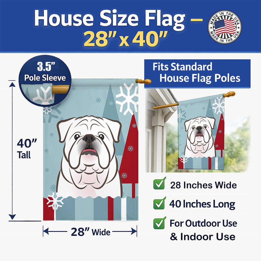 Winter Holiday White English Bulldog  House Flag 28x40 Porch Sleeve Pole Decorative Outside Yard Banner Artwork Wall Hanging, Polyester