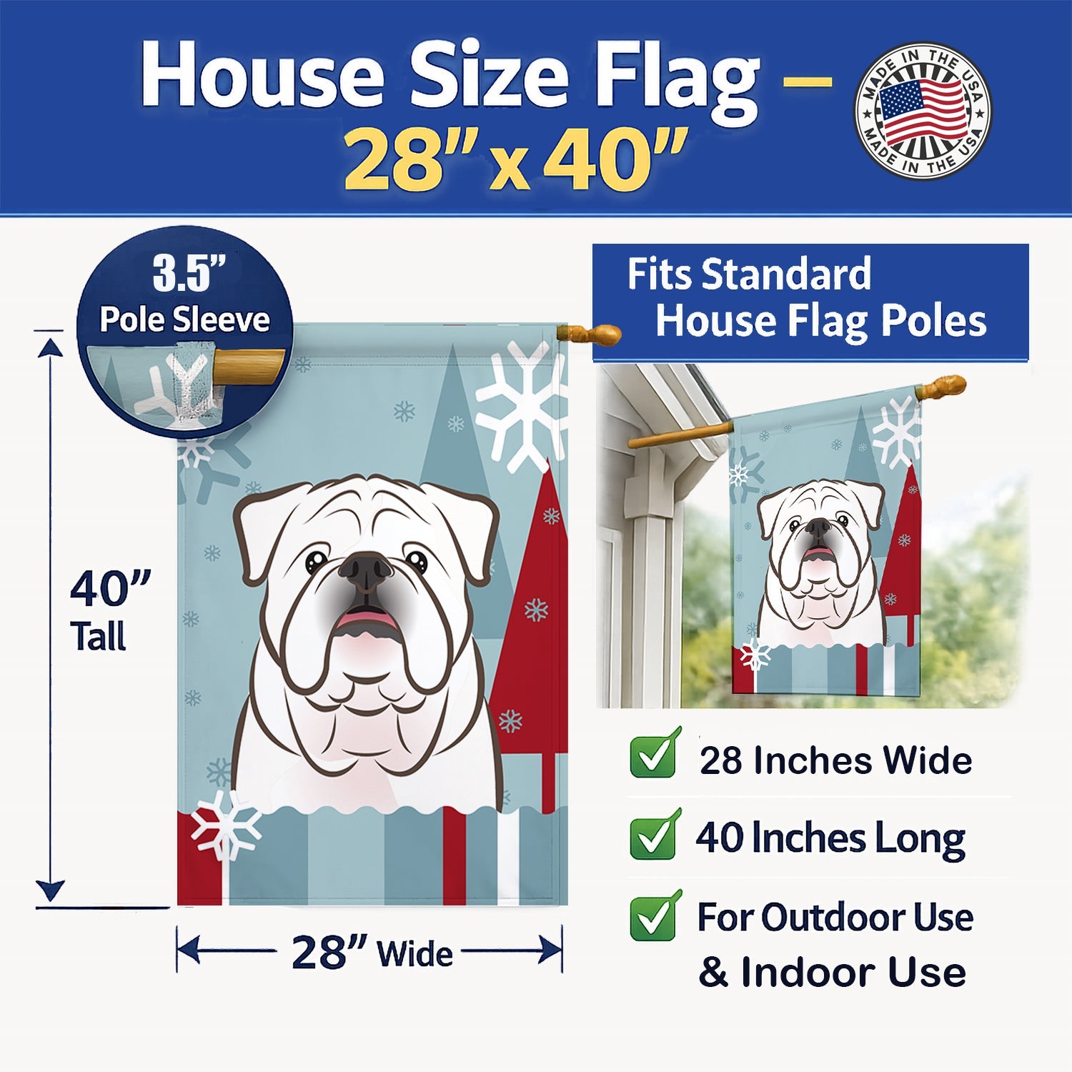Winter Holiday White English Bulldog  House Flag 28x40 Porch Sleeve Pole Decorative Outside Yard Banner Artwork Wall Hanging, Polyester