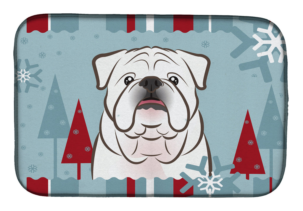 Winter Holiday White English Bulldog  Dish Drying Mat Absorbent Dish Drying Mat Pad for Kitchen Counter Dish Drainer Mat for Countertop, 14 x 21", Multicolor