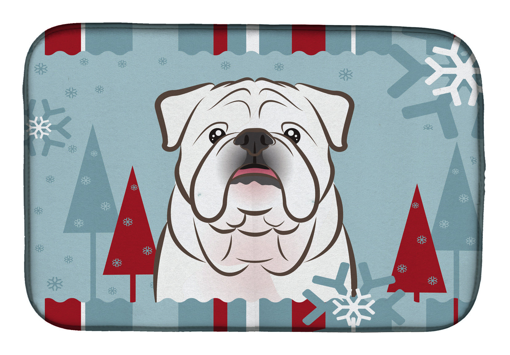 Winter Holiday White English Bulldog  Dish Drying Mat Absorbent Dish Drying Mat Pad for Kitchen Counter Dish Drainer Mat for Countertop, 14 x 21", Multicolor