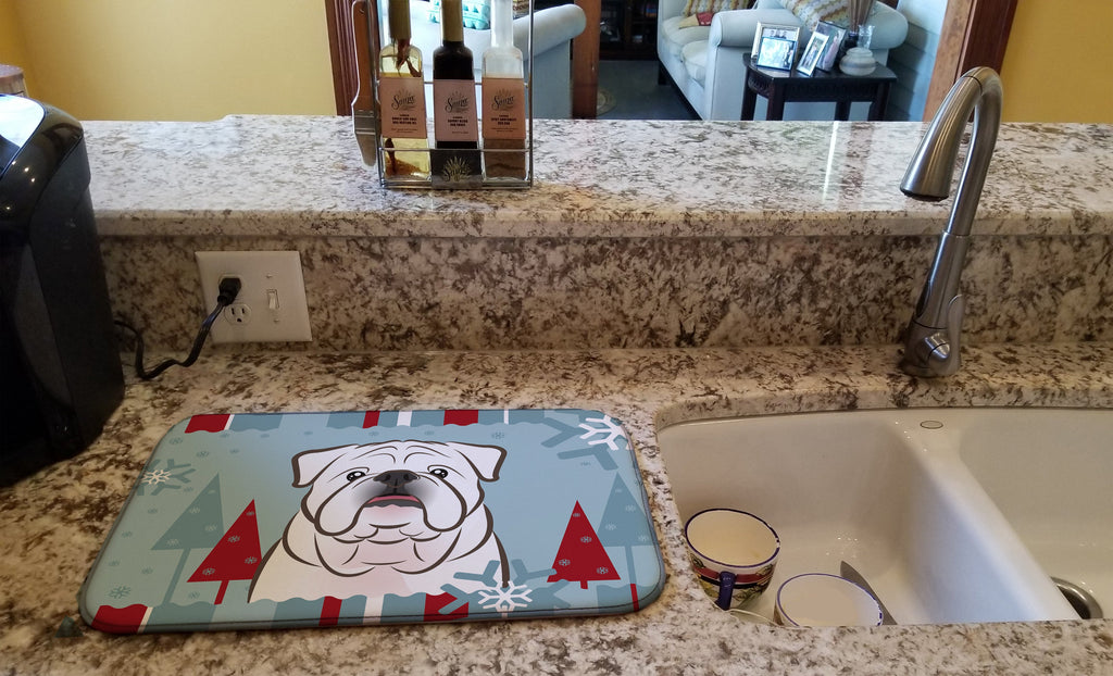 Winter Holiday White English Bulldog  Dish Drying Mat Absorbent Dish Drying Mat Pad for Kitchen Counter Dish Drainer Mat for Countertop, 14 x 21", Multicolor
