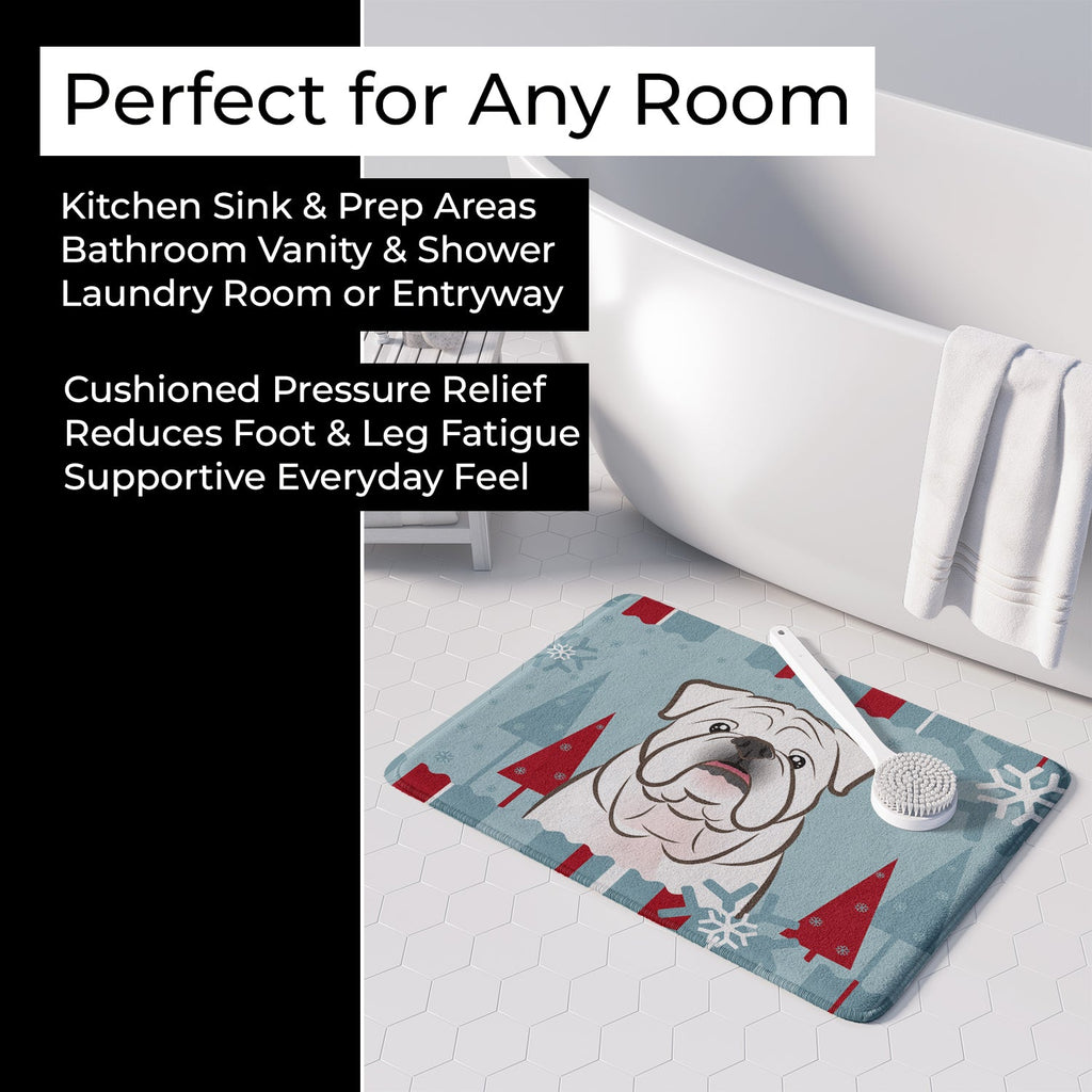 Winter Holiday White English Bulldog  Memory Foam Kitchen Mat Machine Washable Anti-Fatigue Cushion Comfort Bath or Kitchen Rug