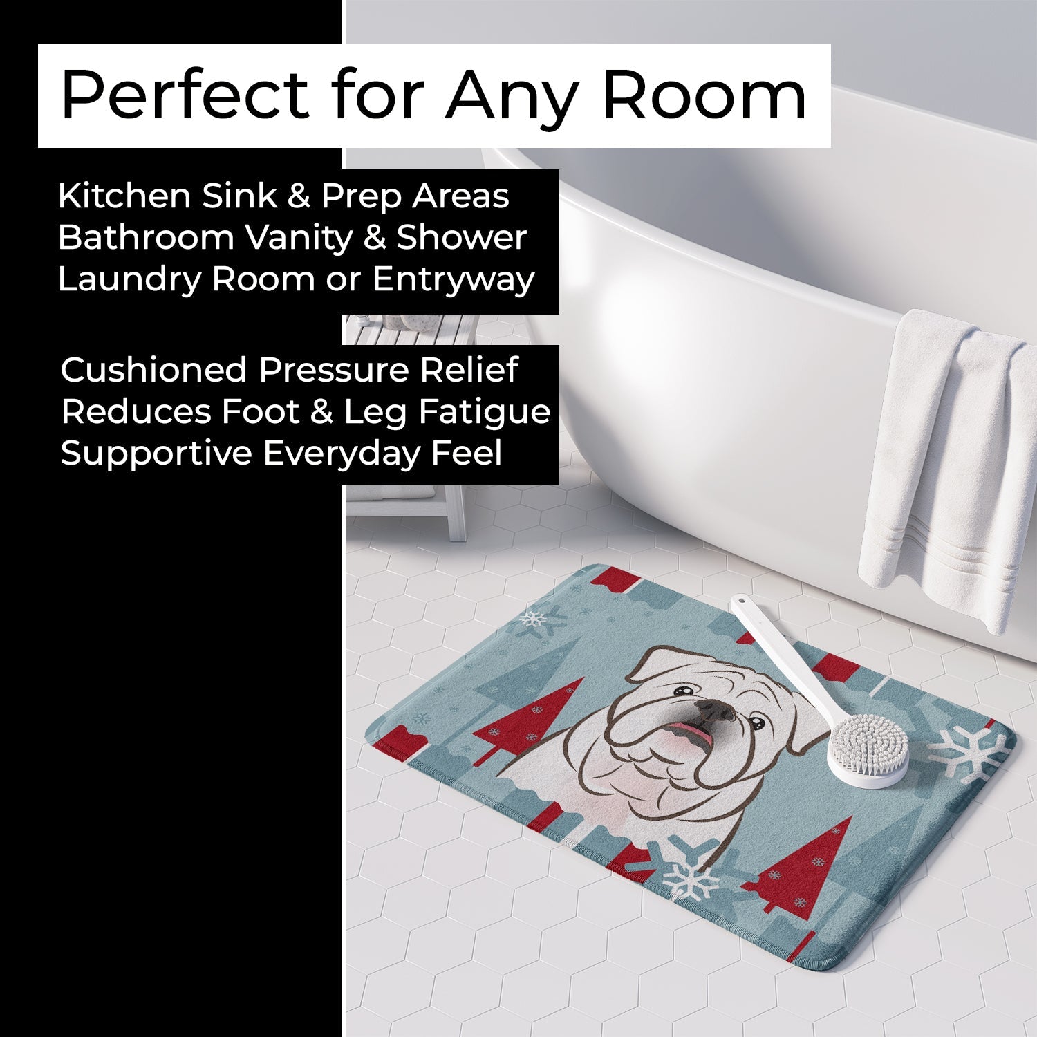 Winter Holiday White English Bulldog  Memory Foam Kitchen Mat Machine Washable Anti-Fatigue Cushion Comfort Bath or Kitchen Rug