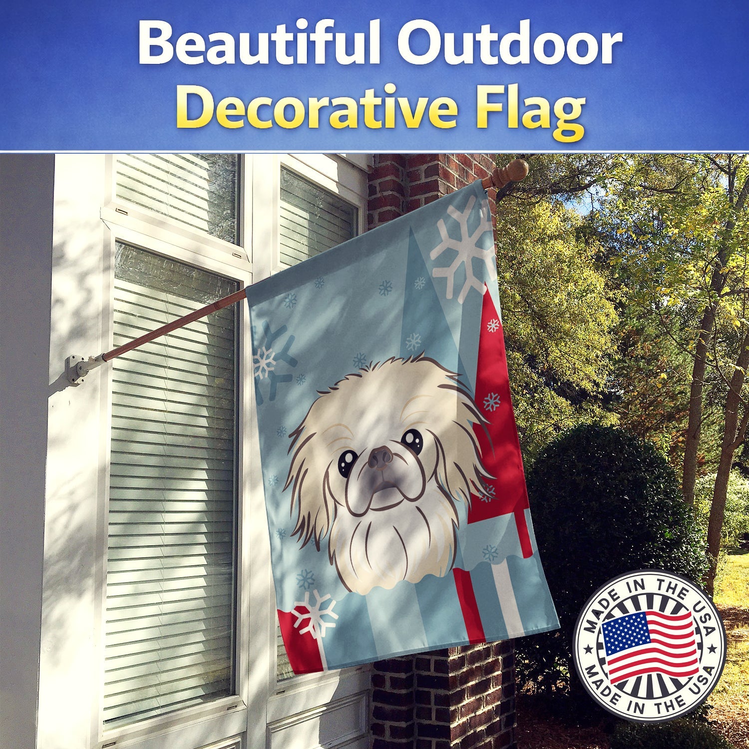 Winter Holiday Pekingese House Flag 28x40 Porch Sleeve Pole Decorative Outside Yard Banner Artwork Wall Hanging, Polyester