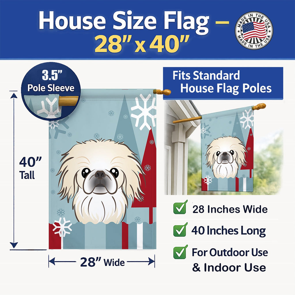 Winter Holiday Pekingese House Flag 28x40 Porch Sleeve Pole Decorative Outside Yard Banner Artwork Wall Hanging, Polyester