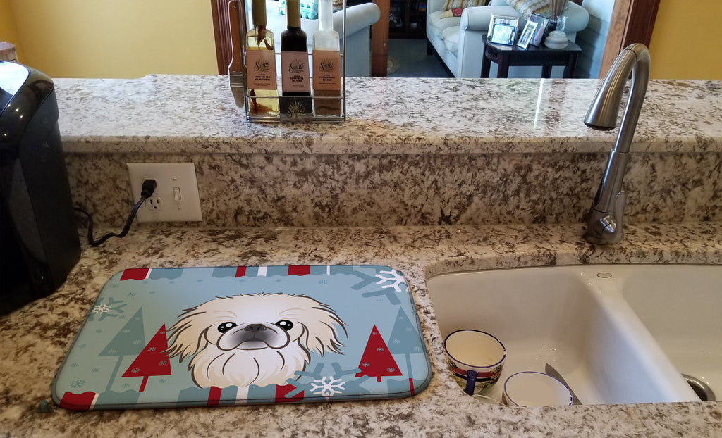 Winter Holiday Pekingese Dish Drying Mat Absorbent Dish Drying Mat Pad for Kitchen Counter Dish Drainer Mat for Countertop, 14 x 21", Multicolor