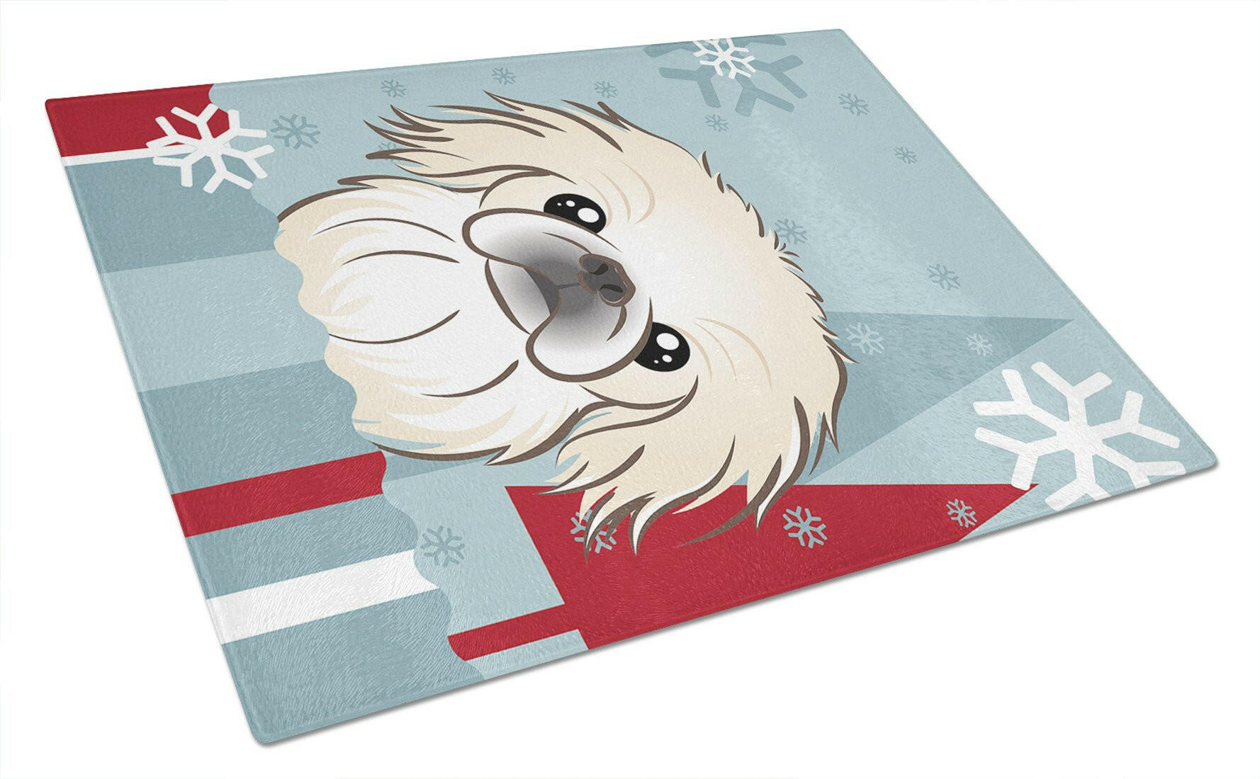 Winter Holiday Pekingese Cutting Board Tempered Glass Kitchen Cutting Surface, Heat Resistant Chopping, Non-Slip Feet, Food Prep & Serving
