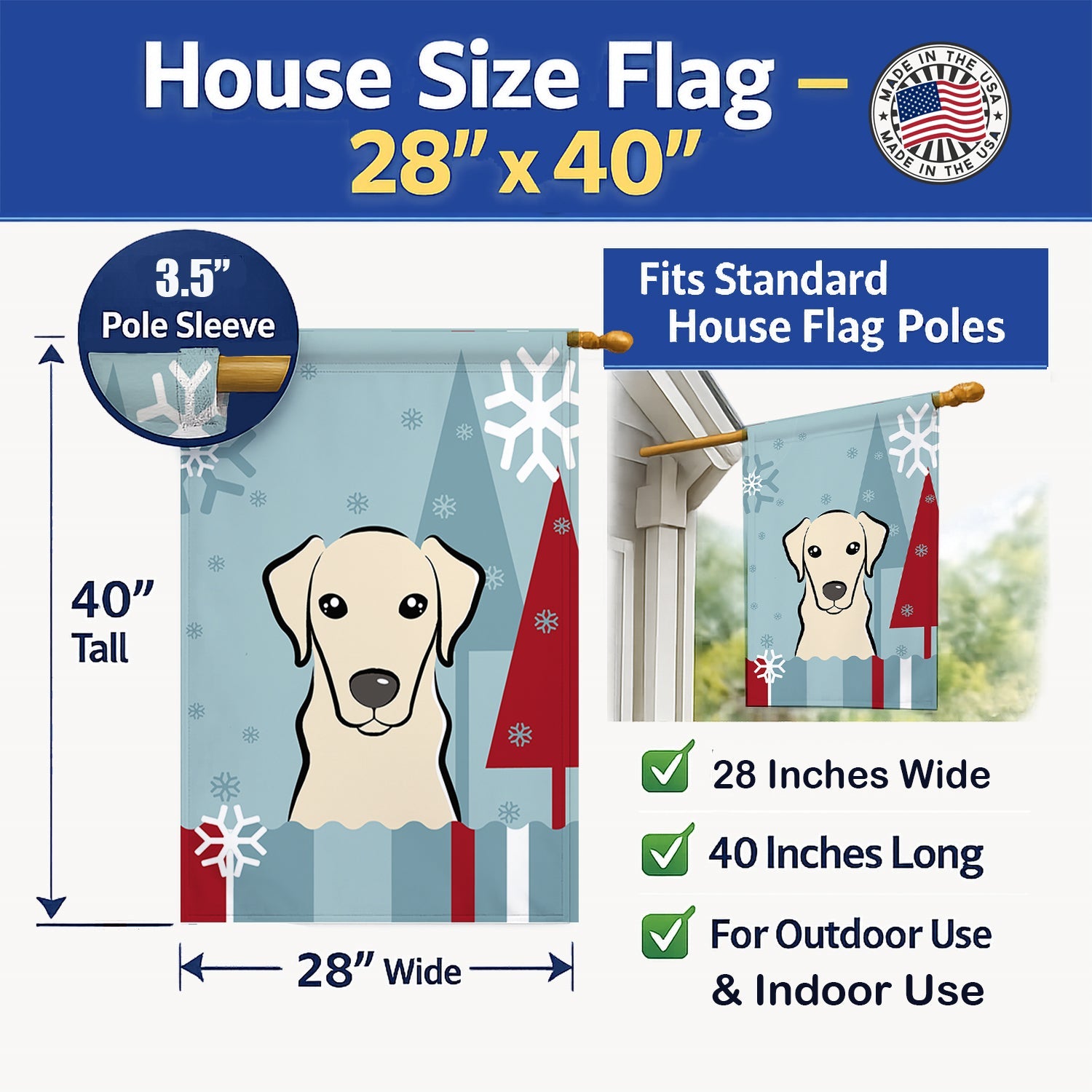 Winter Holiday Yellow Labrador House Flag 28x40 Porch Sleeve Pole Decorative Outside Yard Banner Artwork Wall Hanging, Polyester