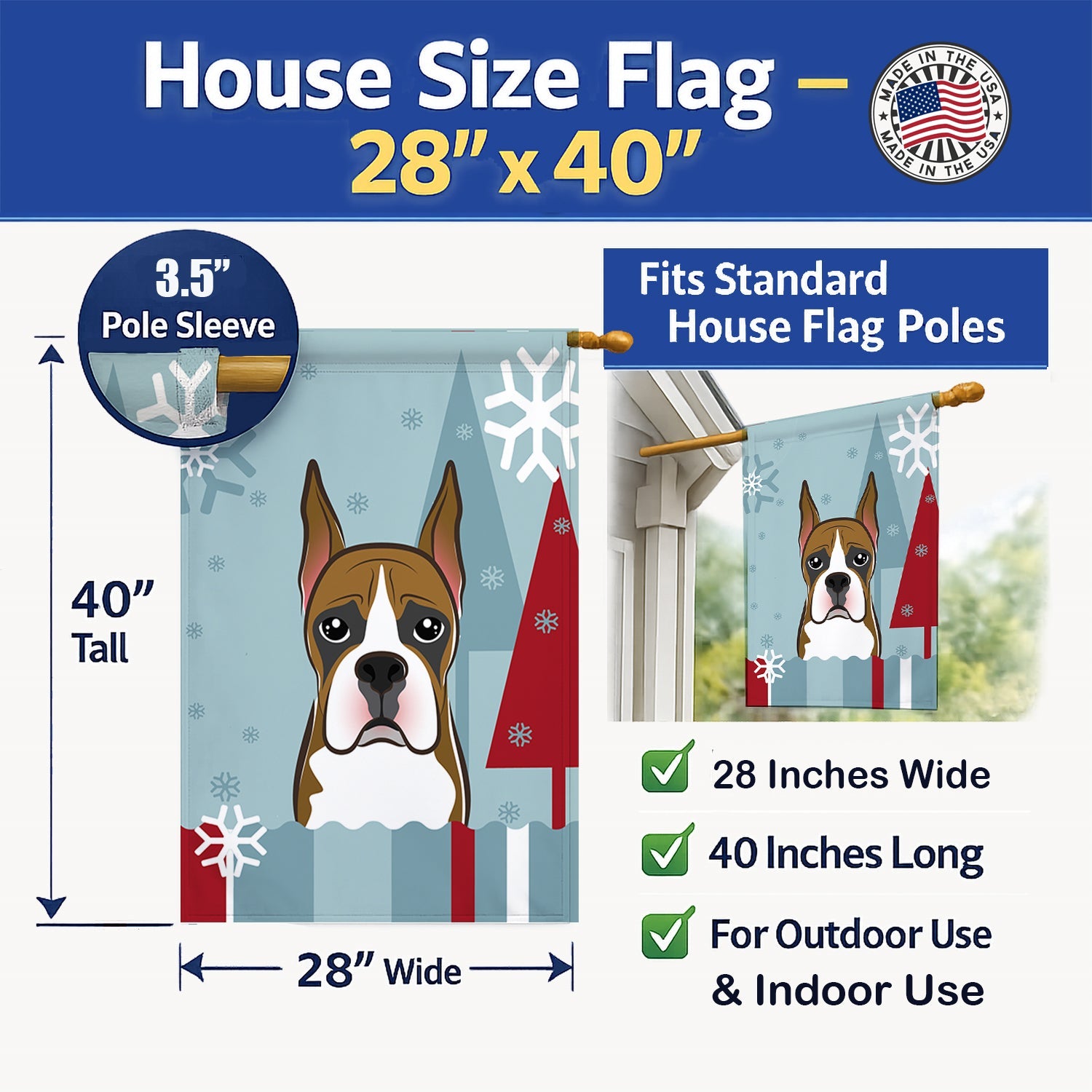 Winter Holiday Boxer House Flag 28x40 Porch Sleeve Pole Decorative Outside Yard Banner Artwork Wall Hanging, Polyester