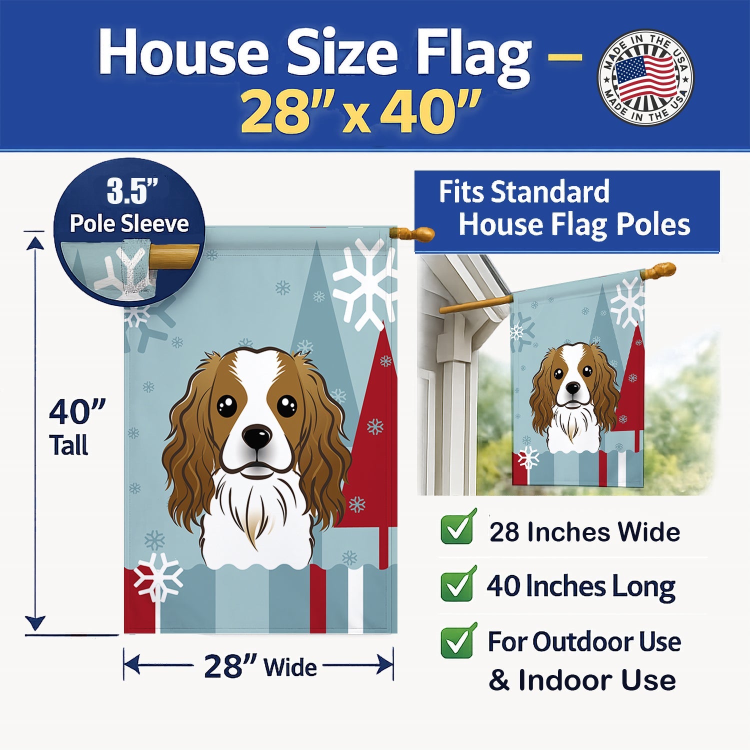 Winter Holiday Cavalier Spaniel House Flag 28x40 Porch Sleeve Pole Decorative Outside Yard Banner Artwork Wall Hanging, Polyester