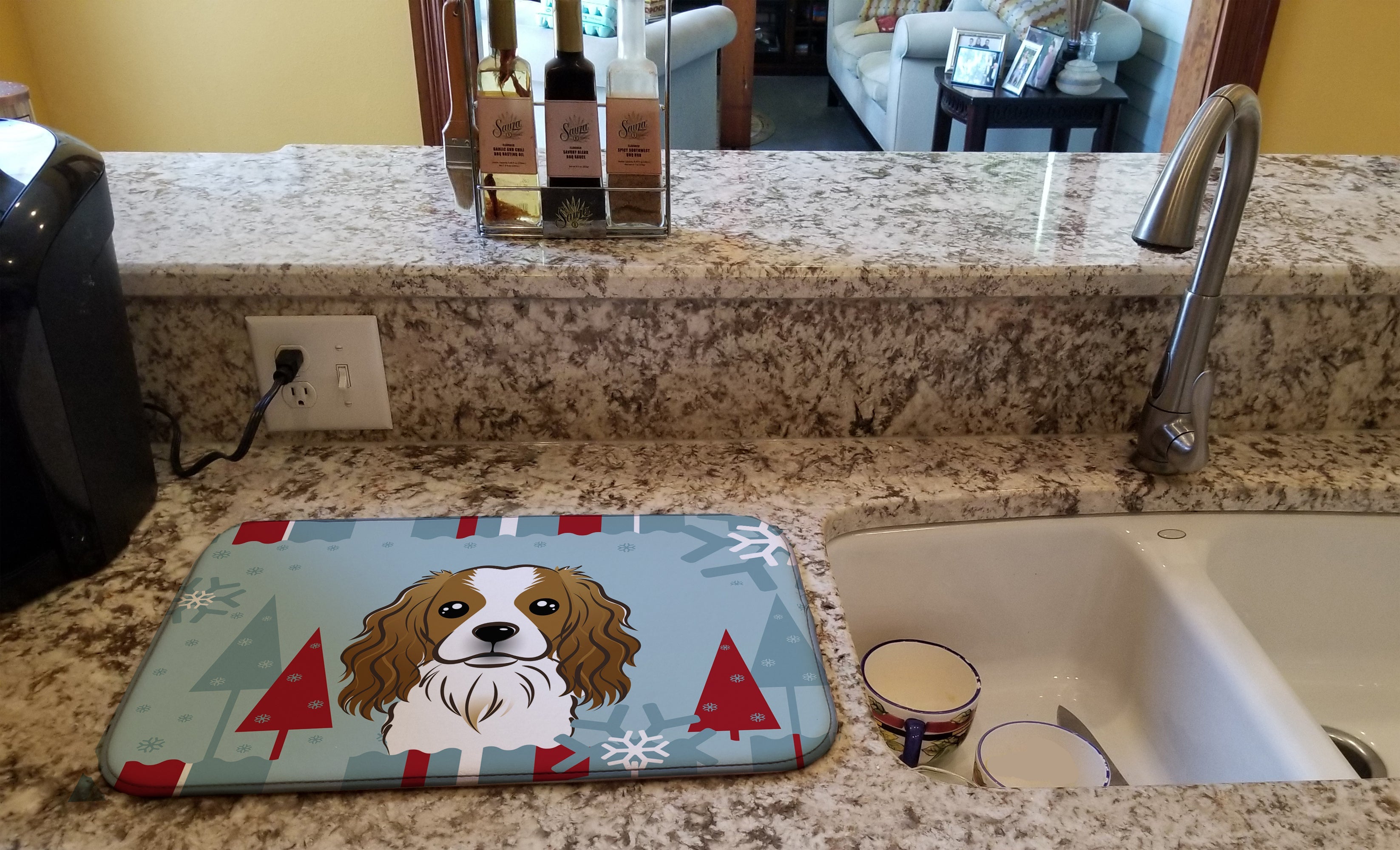 Winter Holiday Cavalier Spaniel Dish Drying Mat Absorbent Dish Drying Mat Pad for Kitchen Counter Dish Drainer Mat for Countertop, 14 x 21", Multicolor