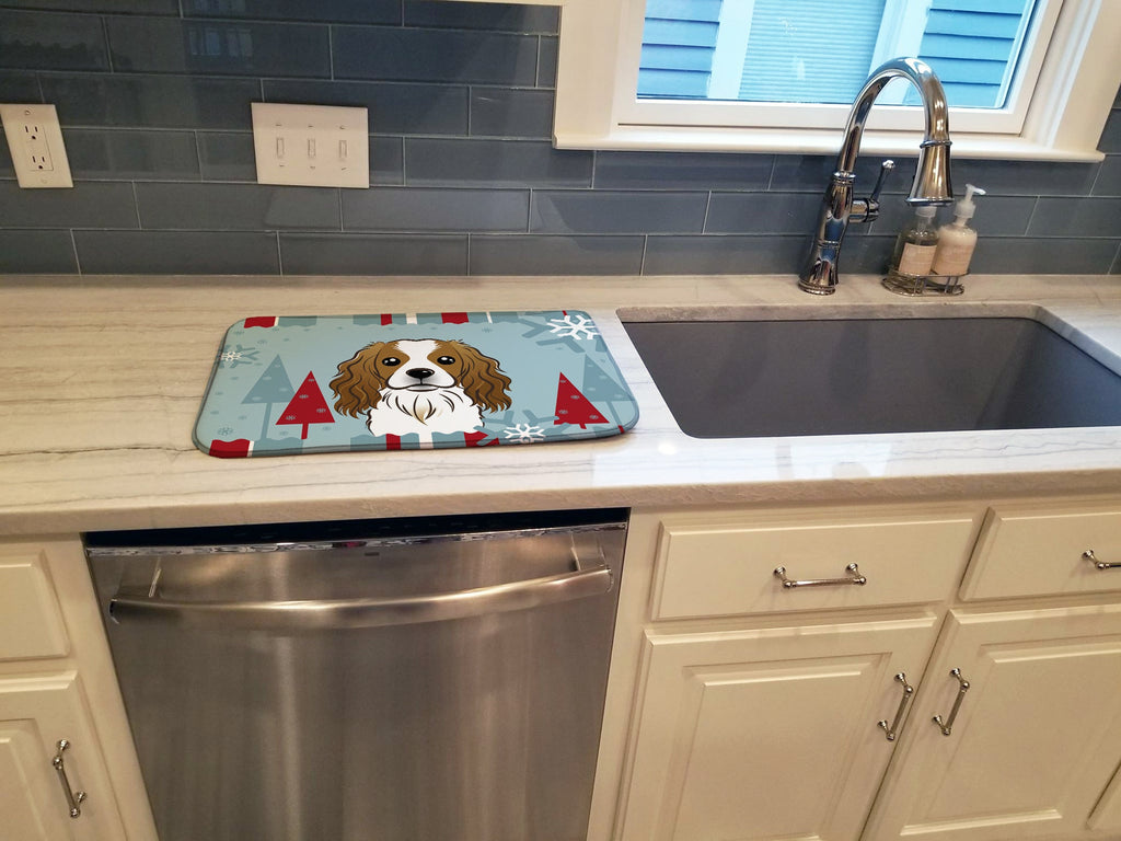 Winter Holiday Cavalier Spaniel Dish Drying Mat Absorbent Dish Drying Mat Pad for Kitchen Counter Dish Drainer Mat for Countertop, 14 x 21", Multicolor