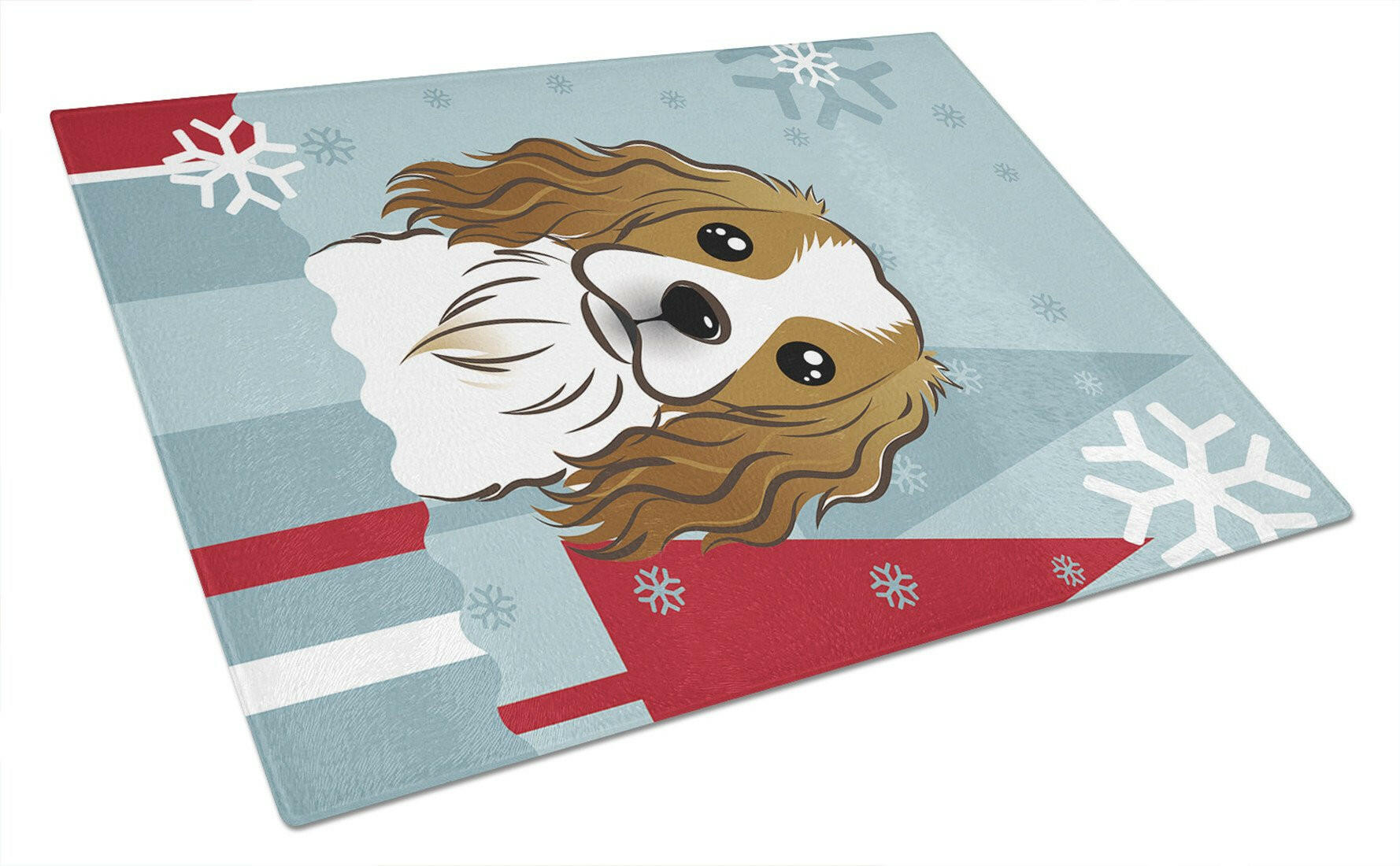 Winter Holiday Cavalier Spaniel Cutting Board Tempered Glass Kitchen Cutting Surface, Heat Resistant Chopping, Non-Slip Feet, Food Prep & Serving