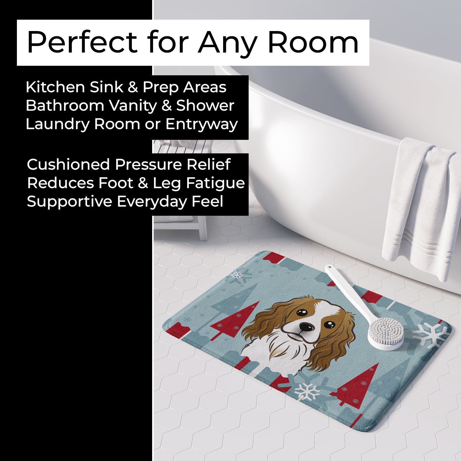 Winter Holiday Cavalier Spaniel Memory Foam Kitchen Mat Machine Washable Anti-Fatigue Cushion Comfort Bath or Kitchen Rug