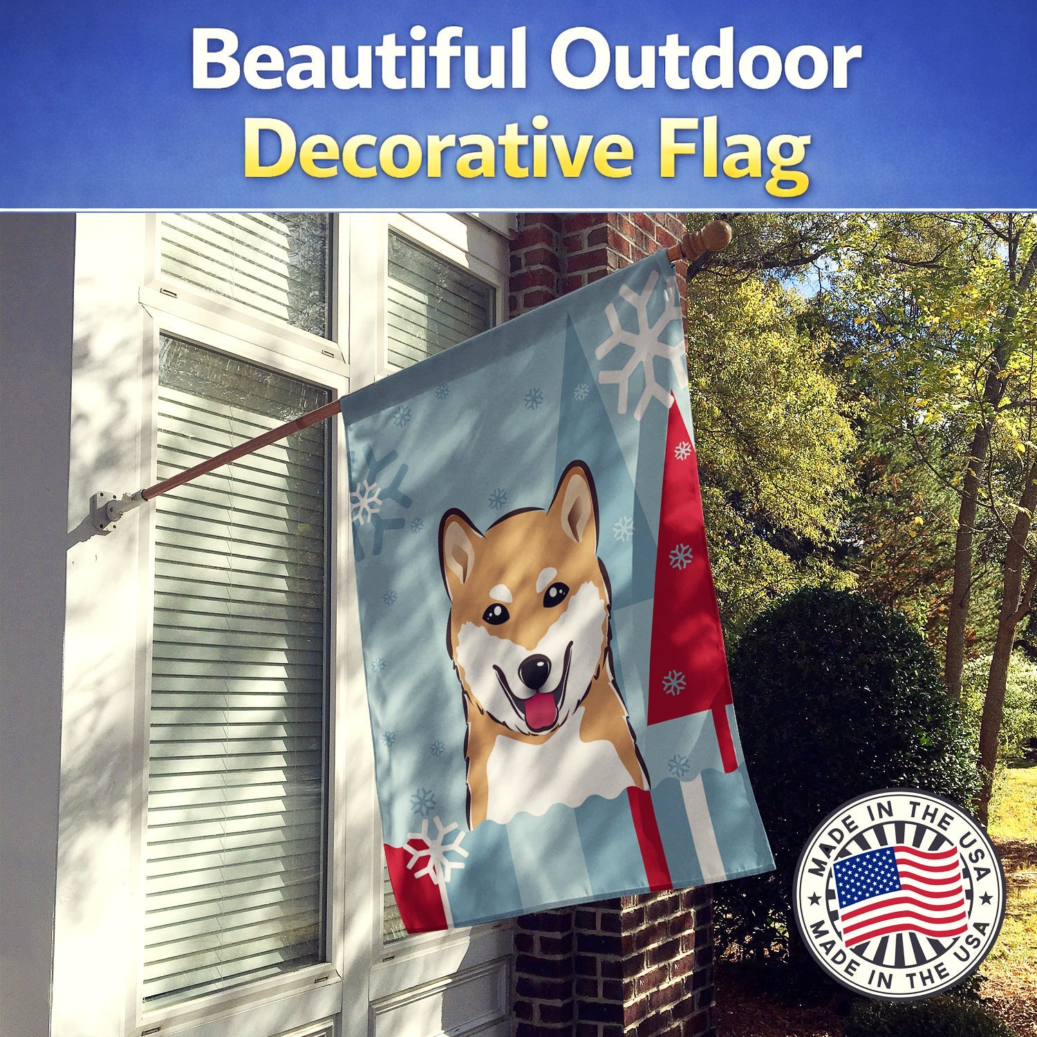 Winter Holiday Shiba Inu House Flag 28x40 Porch Sleeve Pole Decorative Outside Yard Banner Artwork Wall Hanging, Polyester