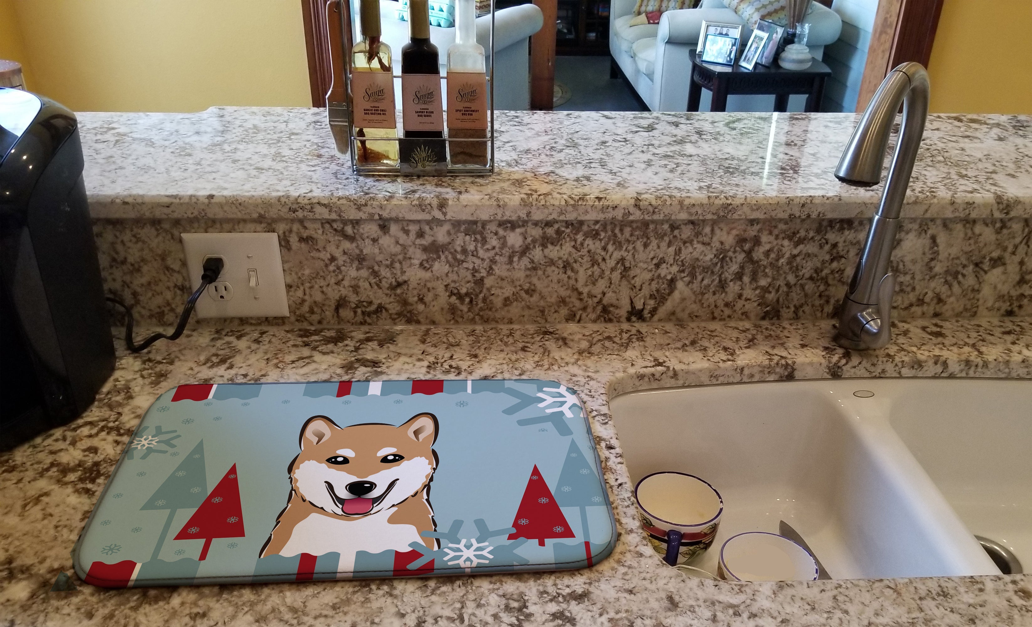 Winter Holiday Shiba Inu Dish Drying Mat Absorbent Dish Drying Mat Pad for Kitchen Counter Dish Drainer Mat for Countertop, 14 x 21", Multicolor