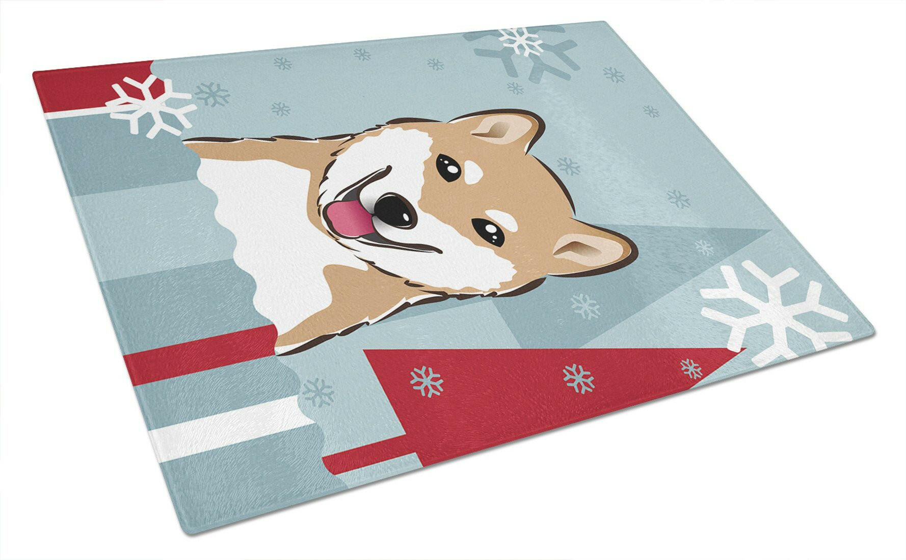 Winter Holiday Shiba Inu Cutting Board Tempered Glass Kitchen Cutting Surface, Heat Resistant Chopping, Non-Slip Feet, Food Prep & Serving