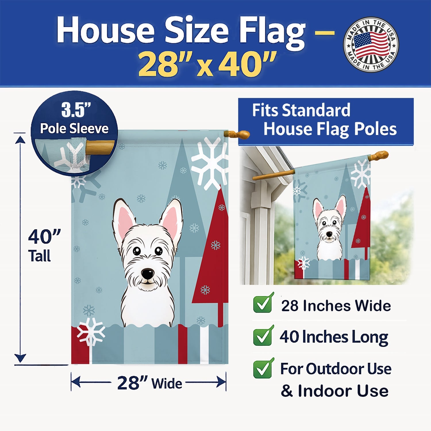 Winter Holiday Westie House Flag 28x40 Porch Sleeve Pole Decorative Outside Yard Banner Artwork Wall Hanging, Polyester