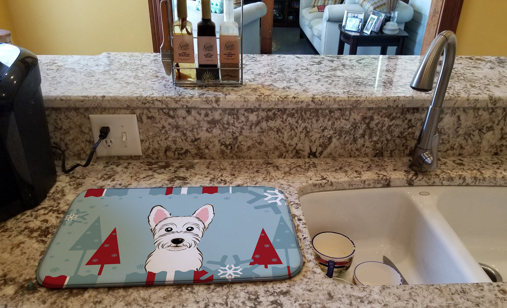 Winter Holiday Westie Dish Drying Mat Absorbent Dish Drying Mat Pad for Kitchen Counter Dish Drainer Mat for Countertop, 14 x 21", Multicolor
